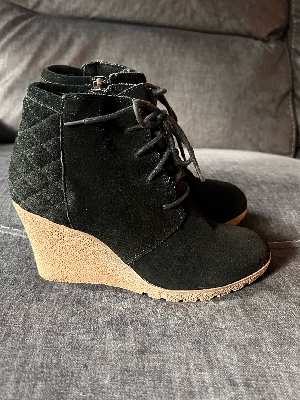 Mia Black Suede Lace-Up Stitched Wedge Booties, Size 7